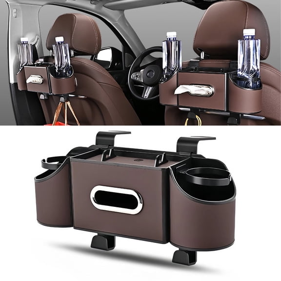 HYEASTR 3-in-1 Car Organizers and Storage Box, Multifunctional Car Seat Back Storage Box with Tissue Holder, 2 Cup Holders & Hanging Hooks, Back Seat Car Organizer for Travel - Brown