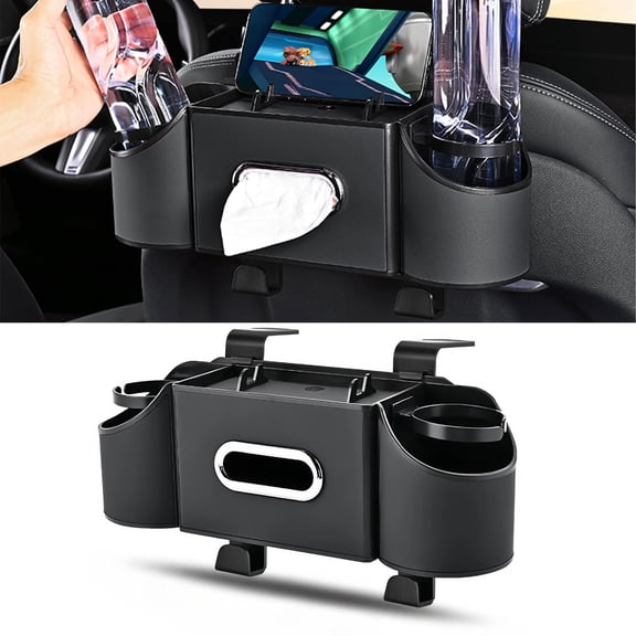 HYEASTR 3-in-1 Car Organizers and Storage Box, Multifunctional Car Seat Back Storage Box with Tissue Holder, 2 Cup Holders & Hanging Hooks, Back Seat Car Organizer for Travel - Black