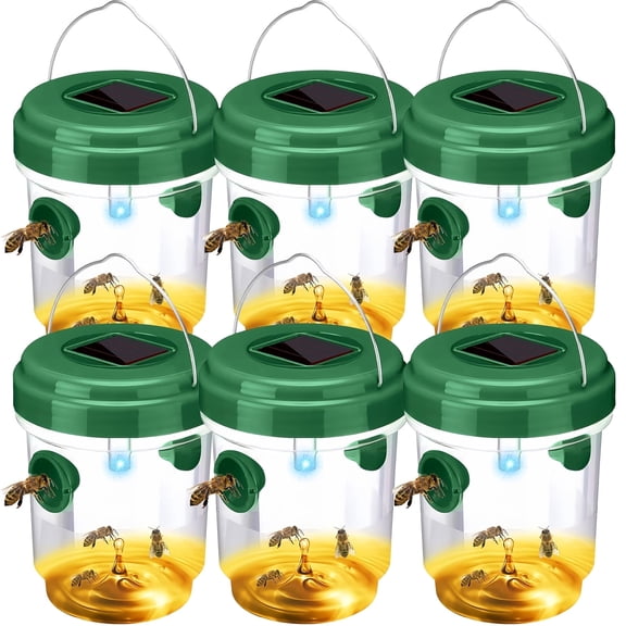 HYEASTR 6 Packs Solar Powered Wasp Trap with UV LED Light, Reusable Outdoor Catcher for Bees, Hornets, Yellow Jackets, Bee Traps, Flying Insects - Green