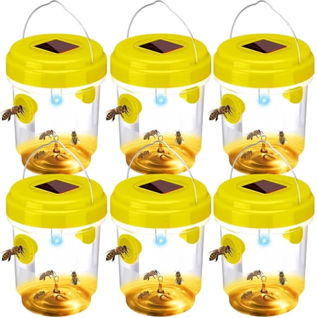 HYEASTR 6 Packs Solar Powered Wasp Trap with UV LED Light, Reusable Outdoor Catcher for Bees, Hornets, Yellow Jackets, Bee Traps, Flying Insects - Yellow