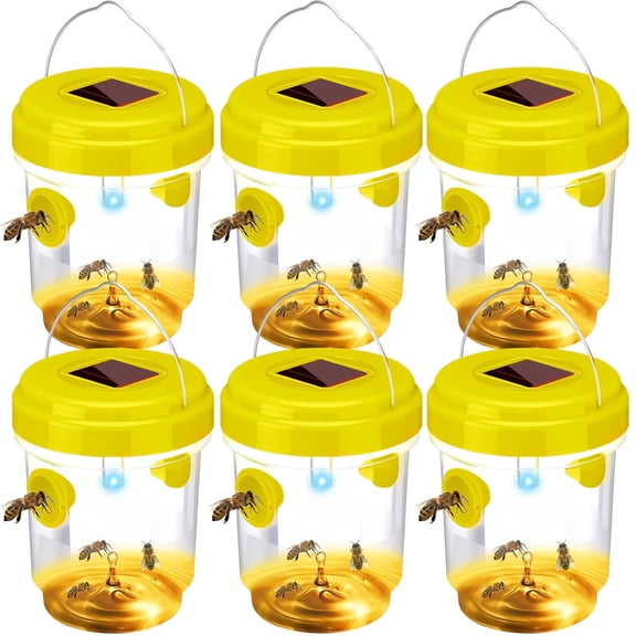 HYEASTR 6 Packs Solar Powered Wasp Trap with UV LED Light, Reusable Outdoor Catcher for Bees, Hornets, Yellow Jackets, Bee Traps, Flying Insects - Yellow