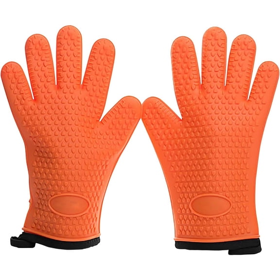 HYEASTR BBQ Gloves, Heat Resistant Silicone Grilling Gloves, Long Waterproof BBQ Kitchen Oven Mitts with Inner Cotton Layer for Barbecue, Cooking, Baking, Smoker - Orange
