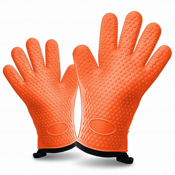HYEASTR BBQ Gloves Heat Resistant, Waterproof Silicone Oven Mitts for Grilling and Smoker, Non-Slip 5 Finger Kitchen Hot Mitts for Baking, Cooking & Cast Iron - Orange