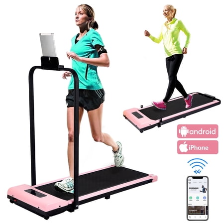 HYEASTR Electric Folding Treadmill 3.0HP Under Desk Portable Walking Pad 2 in 1 Running Machine with APP & Remote Control - Pink
