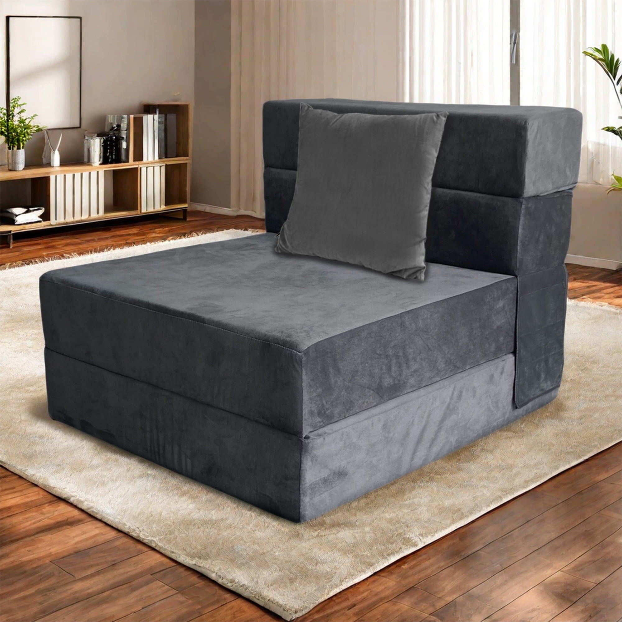 HYEASTR Folding Sofa Bed Convertible Sleeper Chair Floor Couch, High Resilience Memory Foam Lazy Sofa, Futon Sofa Sleeper Chair with Washable Cover for Living Room/Bedroom - Dark Gray