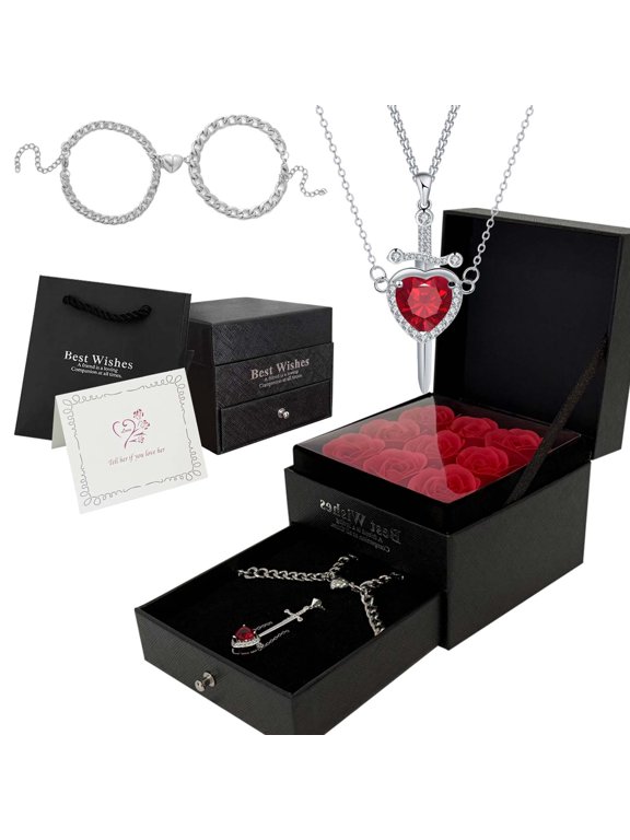 Rose Box with 2Pcs Necklaces & 2Pcs Bracelets Artificial Preserved Flower Valentines Mothers Day for Girlfriend Mom Birthday Anniversary Personalized Romantic Gifts