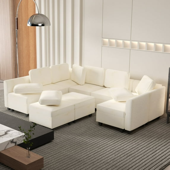 BITOUSHI 9 Pieces Sectional Couch Modular Sofa, U Shaped Reversible Chaise Velvet Sofa Couch with Cushions, Modular Sectional Sofa with Ottoman for Living Room, White