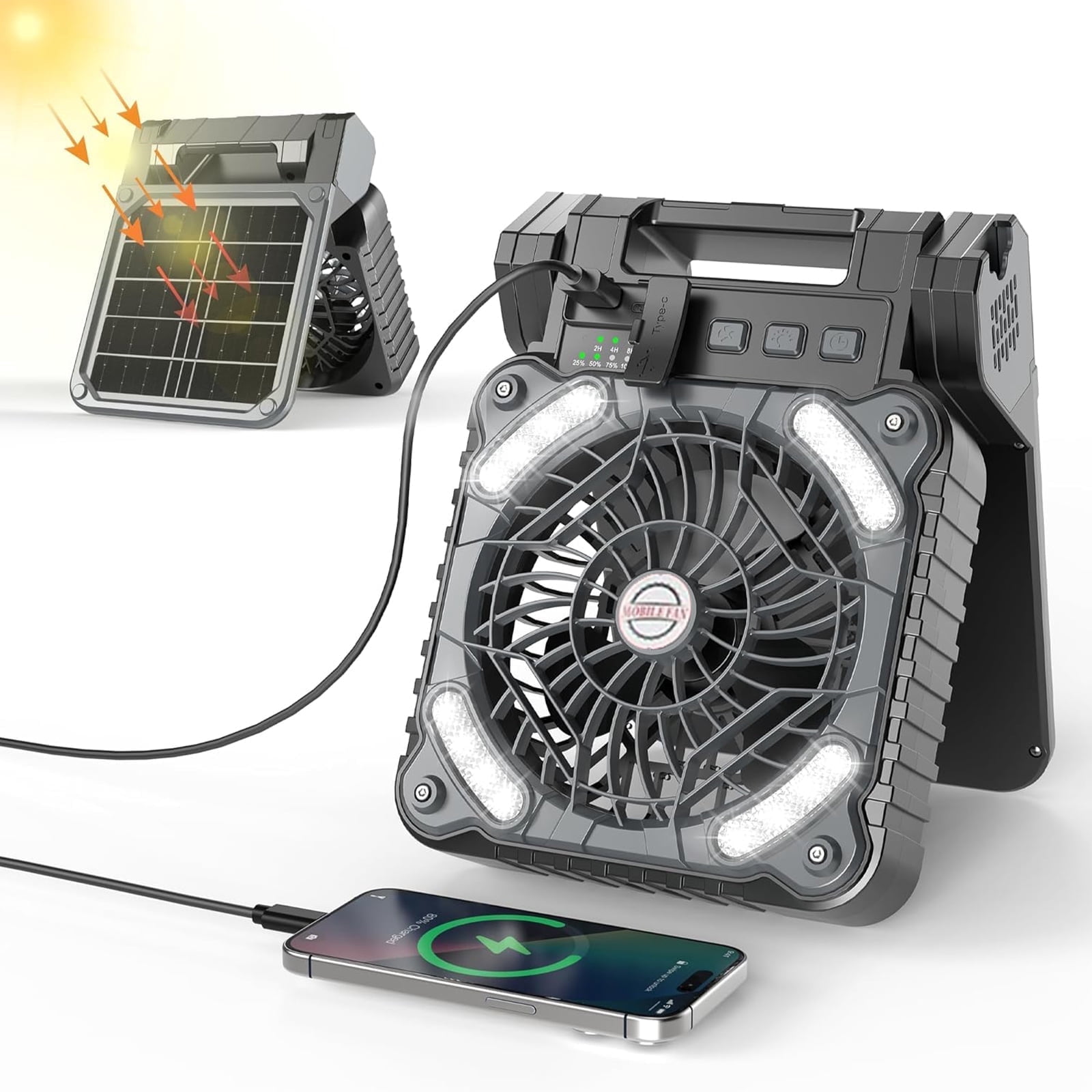 HYEASTR Solar Camping Fan Battery Operated, 10000mAh Rechargeable Portable Desk Fan with 4 Speeds and 3 Brightness Level, LED Fan with Timer for Picnic Travel Tent Barbecue Fishing - Black