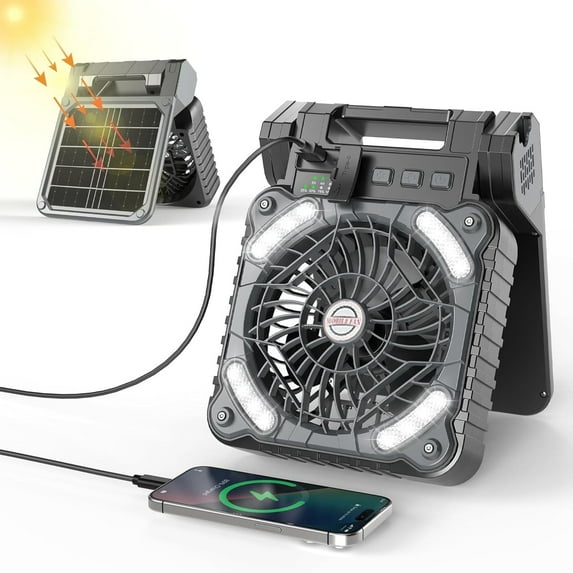 HYEASTR Solar Camping Fan Battery Operated, 10000mAh Rechargeable Portable Desk Fan with 4 Speeds and 3 Brightness Level, LED Fan with Timer for Picnic Travel Tent Barbecue Fishing - Black