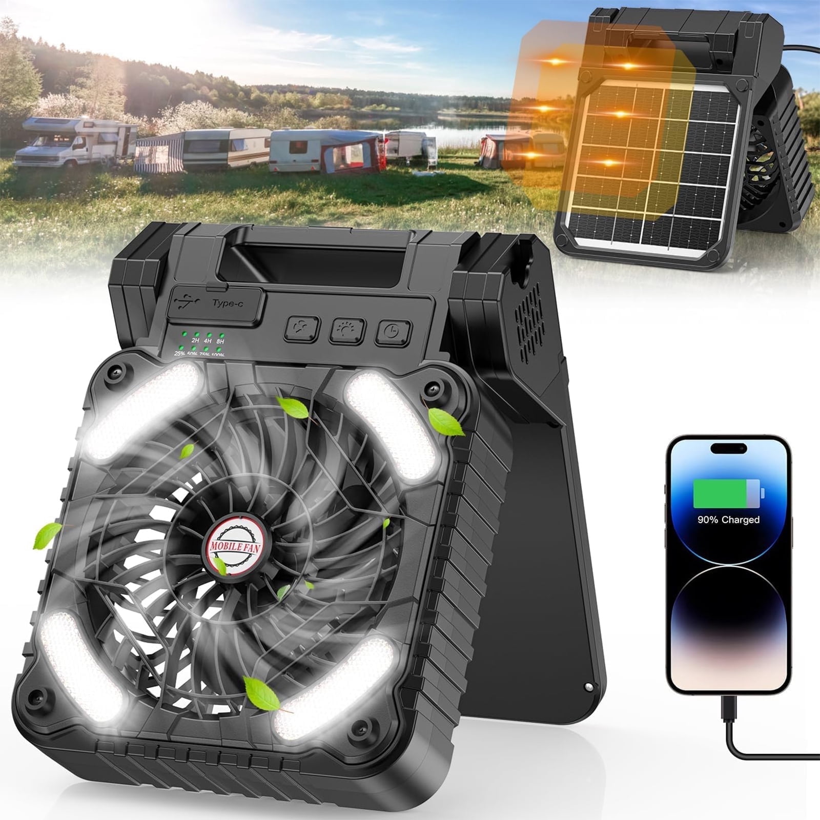 HYEASTR Solar Portable Rechargeable LED Lantern Camping Fan with Light, 4 Speeds, Timer, Power Bank - Black