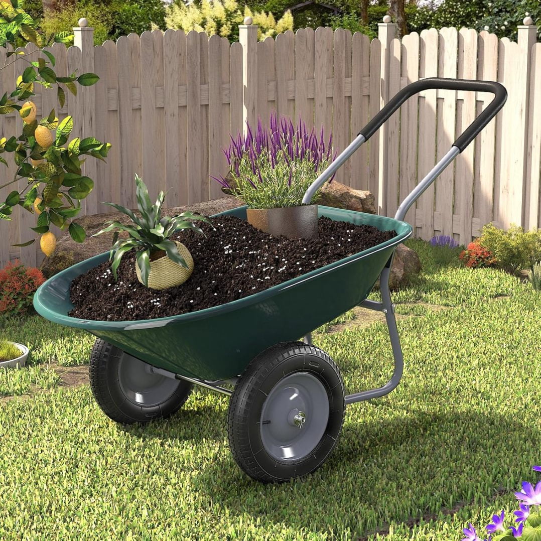 Elevon Dual-Wheel Garden Utility Wheelbarrow – 5 Cu Ft Capacity, 300 Lb Weight Limit, Padded Handle, Built-in Stand, Green, Easy Assembly