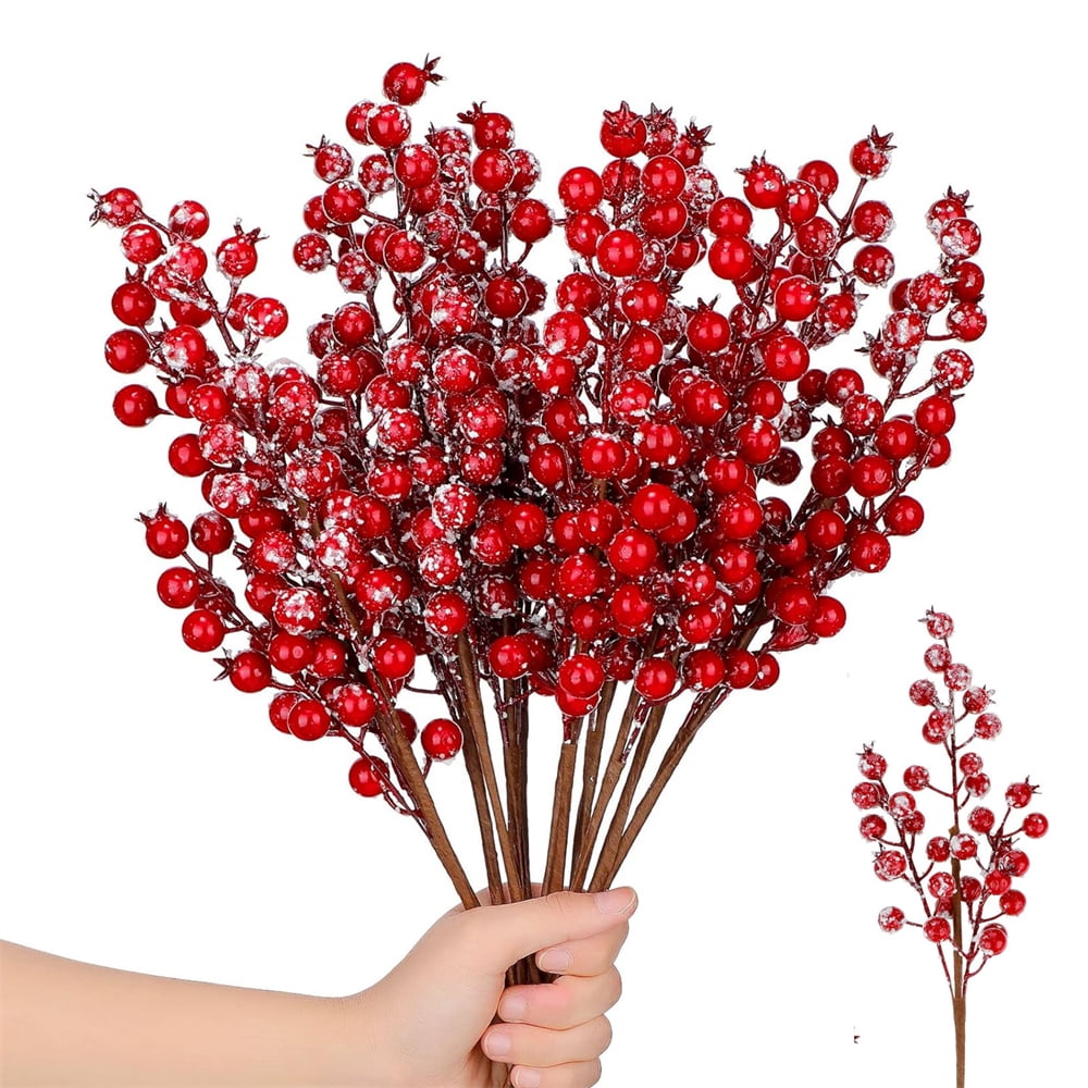 HYG 12 Pcs Artificial Snowy Red Berry Branches Christmas Frosted Holly ...