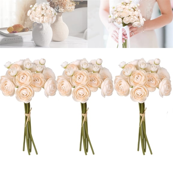 HYG 18 Pcs Ranunculus Artificial Flowers Faux Silk Flowers Fake Ranunculus Bouquet Decorative Flower Vase Filler for Wedding Bridal Shower Birthday Valentine's Day Party Decor (Cream)
