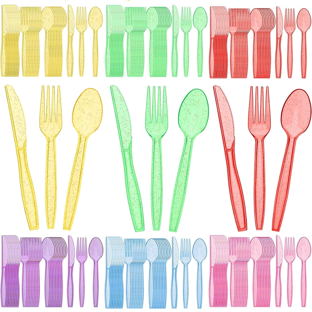 HYG 180 Pcs Disposable Plastic Silverware Set Clear Glitter Flatware ...