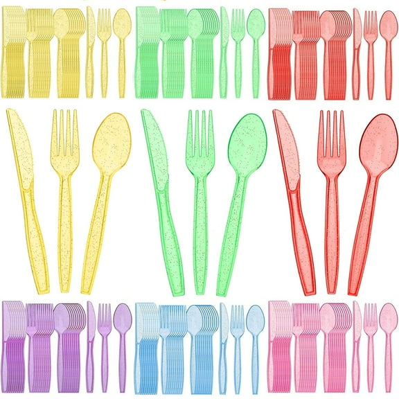 HYG 180 Pcs Disposable Plastic Silverware Set Clear Glitter Flatware Include 60 Knives 60 Forks 60 Spoons Crystal Cutlery for Birthday Wedding Christmas Party Supplies (Multicolor)