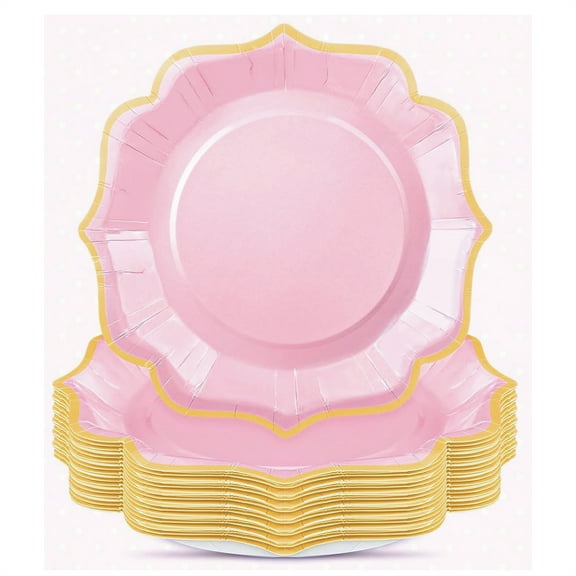 HYG 30 Pcs Scalloped Paper Plates with Gold Foil 8.4 inch Disposable Party Plates Cake Dessert Plates Dinner Tabel Decorative Tray for Brithday Wedding Tea Party Supplies (Pink)