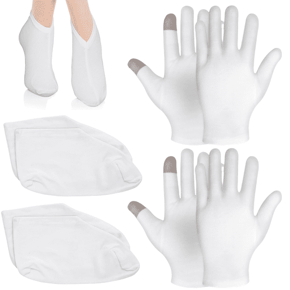 HYG 4 Pairs Moisturizing Treatment Gloves and Socks White Soft Cotton Sleeping Overnight Socks Lotion Spa Gloves Thicker Socks for Women Girls Dry Feet Hands