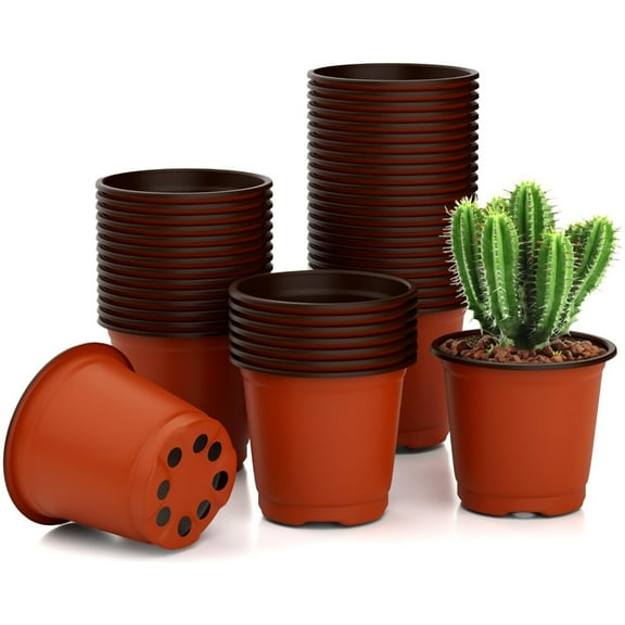HYG 50 Pcs Plastic Nursery Pots for Plants 5 inch Seedling Pots Succulent Pots Seed Starting Pots Small Flower Pots with Drainage Holes for Succulents Cuttings Transplanting,Brown