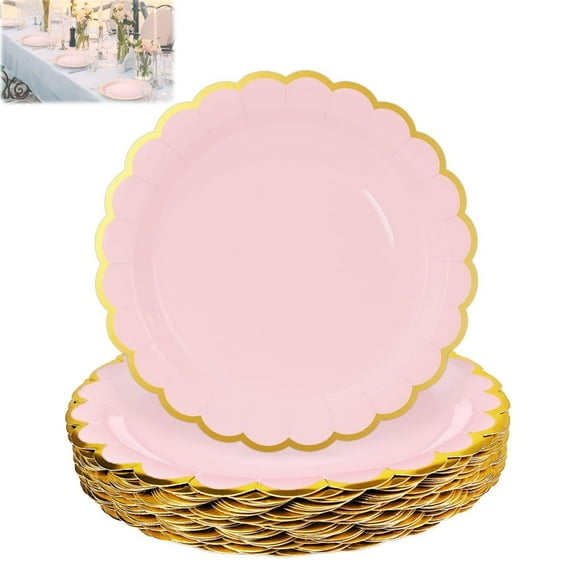 HYG 9 inch Scalloped Paper Food Plates Pink Decorative Plates Disposable Dessert Tray with Gold Foil Home Kitchen Dining Table Supplies for Birthday Wedding Christmas Party 20 Pcs