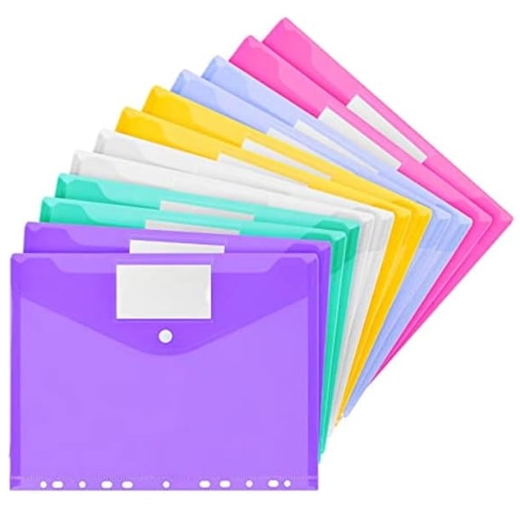 HYG Binder Pocket 12 Pcs Plastic Envelope File Folders Clear Colored Document Folders Envelope Folder with Snap Button Closure Binder Dividers with Pockets for Office,6 Colors