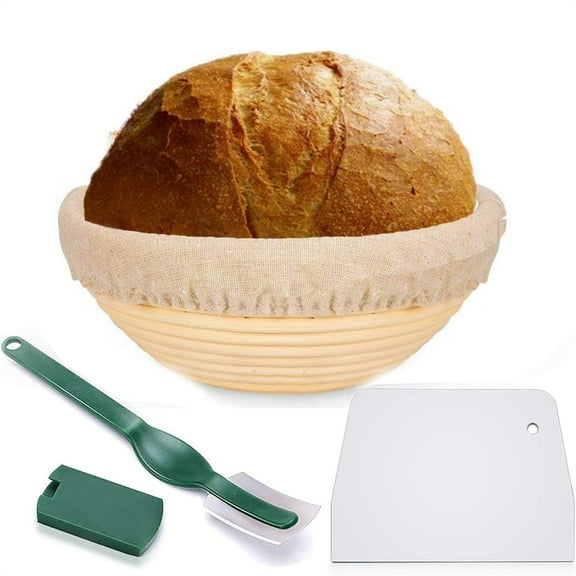 HYG Bread Banneton Set,Include Round Natural Rattan Bread Proofing Basket Dough Scraper and Bread Lame,Professional Baking Tools for Home Kitchen