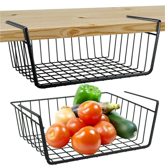 HYG Under Cabinet Wire Storage Basket,2 Pack Black Undershelf Organizer,Slide-in Hanging Storage Bin,Space Saving for Home Office Kitchen Pantry Under Shelves