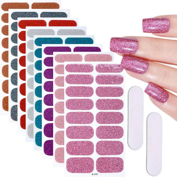 HYG Glitter Nail Wraps,Nail Polish Strips,Nail Strips Stickers,Self-Adhesive Solid Color Polish Strips,Shine Full Wrap Nail Polish Decals for Girls Women DIY Nail Art Decorations,128 Pcs
