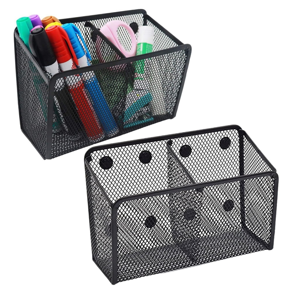 HYG Mesh Metal Magnetic Marker Holder Black Pencil Cup Locker Organizer Accessories Large Metal Pencil Storage Basket for Refrigerator Whiteboard Blackboard 2 Pack