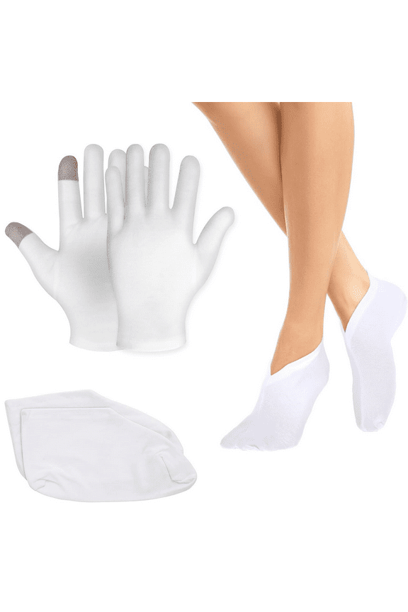 Soft Cotton Moisturizing Socks Gloves White Spa Gloves Lotion Socks Thicker Sleeping Overnight Socks for Dry Feet Hands Healing Repairing Softening 2 Pairs