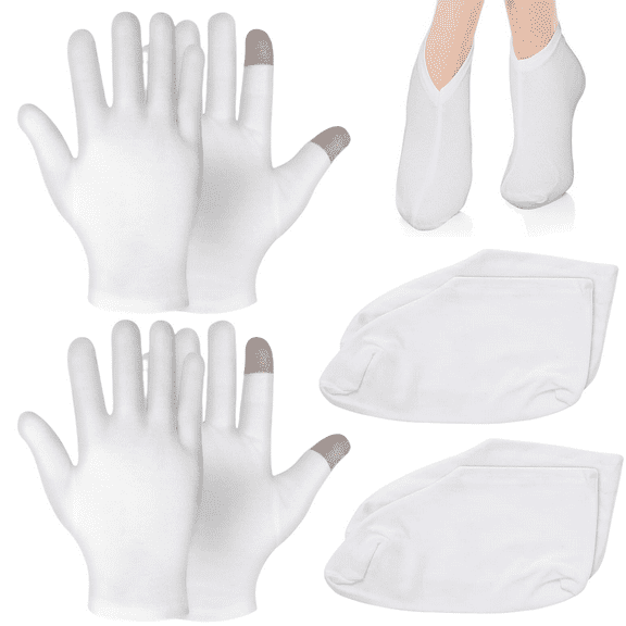 HYG White Cotton Moisturizing Socks Gloves Soft Spa Gloves Lotion Socks Thicker Sleeping Overnight Socks for Dry Feet Hands Healing Repairing Softening 4 Pairs
