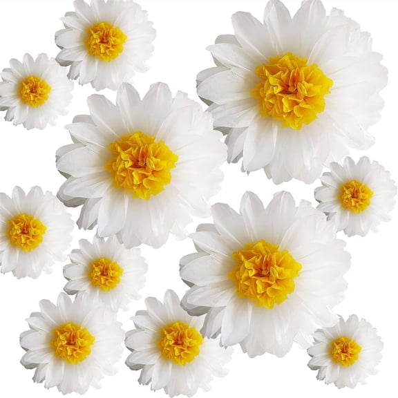 HYG White Yellow Daisy Tissue Pom Poms 10 Pcs Paper Flower Wall Hanging Ornaments Fake Floral Decorations for Home Office Wedding Birthday Party Supply (12 and 8 inch)