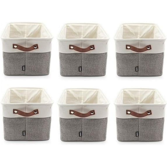 HYGGE + Linen Storage Bin Basket 15.8" x 12.5" x 10" Durable Fabric & Lightweight Design, Storing Toys, Books, Linens, Games, Clothing, Baby Products & More! (6 PACK, WHITE/GREY)