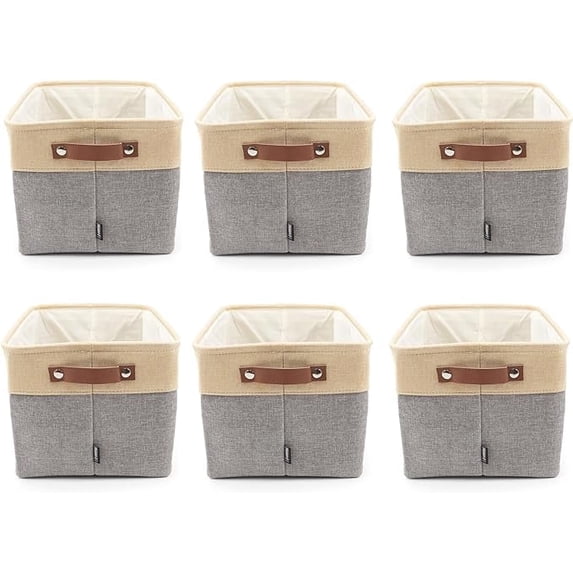 Hygge Plus Linen Storage Bin Basket with Durable Fabric & Lightweight Design, Beige (6 Pack)