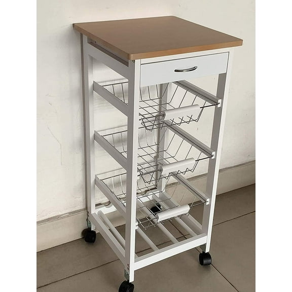 HYGRAD Kitchen Storage Cart 3 Tier Wooden Rolling with 3 Baskets Drawers Wine Rack