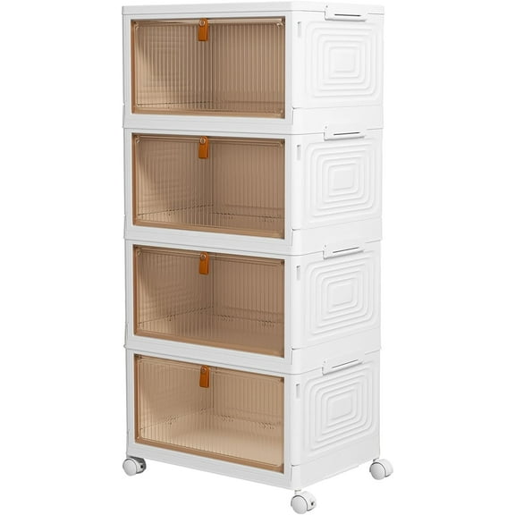 HYGRAD BUILT TO SURVIVE Foldable White Plastic Shoe Rack 2/3/4/5/6 Tier Stackable Storage Cabinet Box - Rolling Closet Storage Organizer Containers With Lids & Lockable Wheels For Home (4 Tiers)