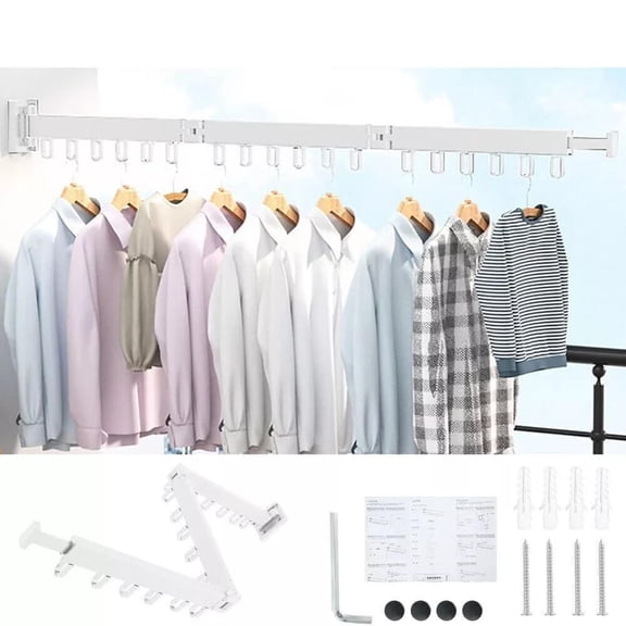 HYGRAD BUILT TO SURVIVE Space Saving Wall Mounted Clothes Drying Rack, Foldable Laundry Drying Organizer Rack Collapsible, Retractable Outdoor Indoor Hanging Clothes with 18 Hooks - Metal