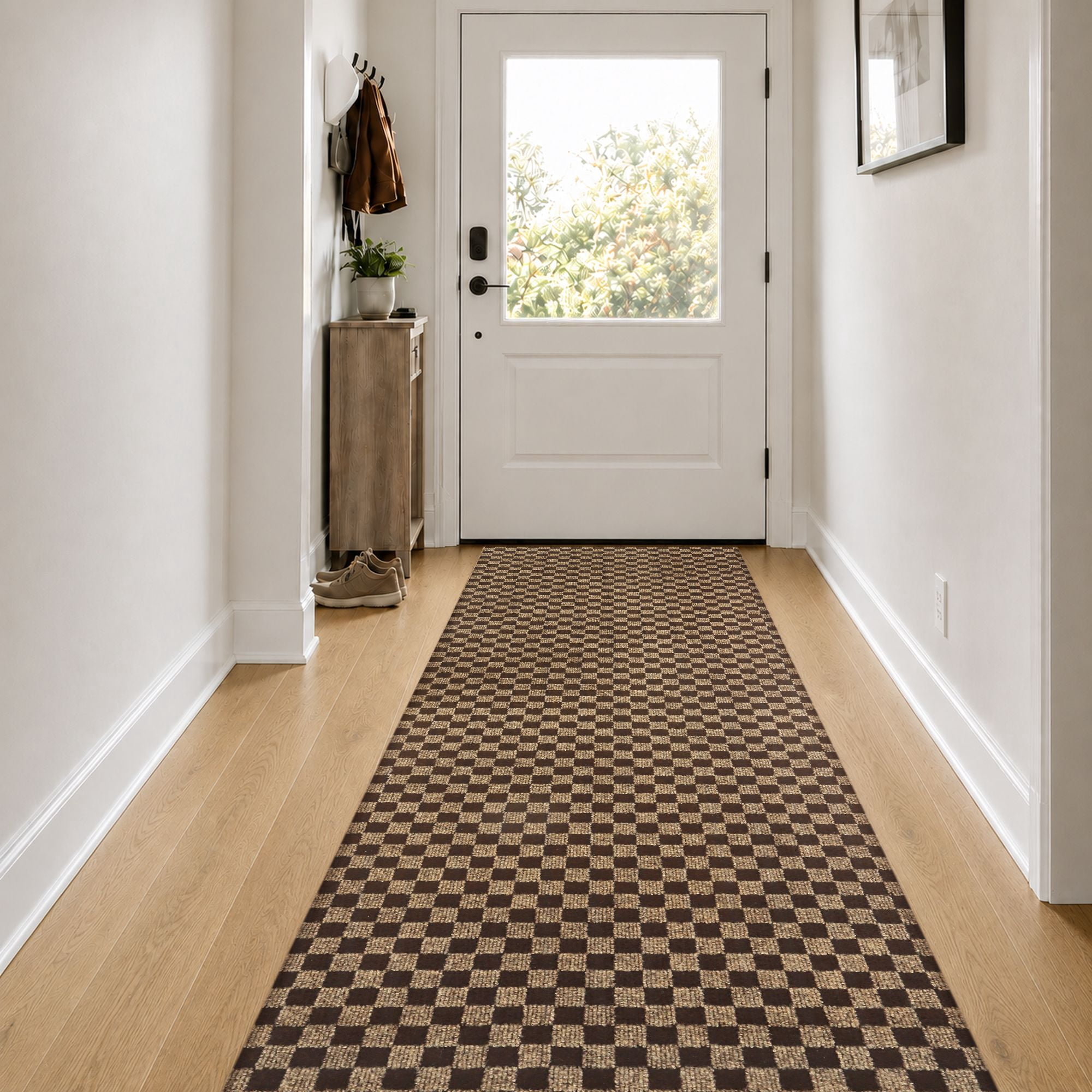 HYHAVO Brown and Sand Checkered Runner Rug 2x6 ft Non Slip Hallway ...