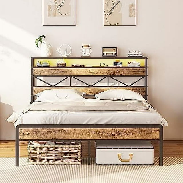 HYHOME LED Full Size Bed Frame with Charging Station Platform Metal Bed