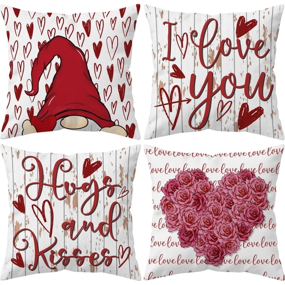 HYJ Valentines Day Gnome Heart Throw Pillow Covers 18x18 Inch White Linen I Love You Quotes Hugs and Kisses Cushion Case Pink Rose Flowers Wood Decor 4 Packs C113