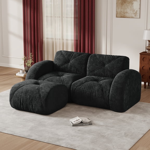 HYJT-H&K 80.3" Boneless Loveseat with Ottoman, 2-Seat Upholstered Velvet Cloud Couch Sectional with Deep Seat, Oversized Sectional Couches for Living Room, No Assembly Required, Black