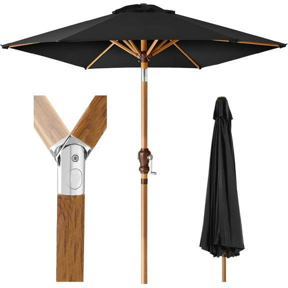HYJY 10ft Market Umbrella, Outdoor Sun Shade for Backyard, Deck, Poolside, Table w/Woodgrain Pattern, Easy Tilt & Crank - Black