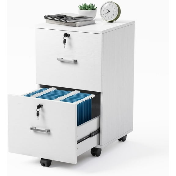 HYJY 2 Drawer File Cabinet with Lock, Wood Grain White File Cabinet for Letter Size File Folders with Tabs, Mobile Under Desk File Cabinets for Home Office, Rolling Filing Cabinet Printer Stand