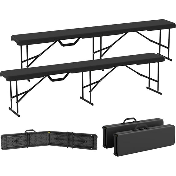 HYJY 2-Pack 6 Ft. Plastic Folding Benches, Portable Foldable Bench Seats with Carrying Handle, Non-Slip Mat, HDPE Tabletop, Picnic Benches for Camping Dining Picnic BBQ Sports, Black