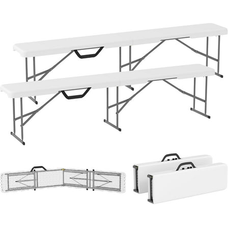 HYJY 2-Pack 6 Ft. Plastic Folding Benches, Portable Foldable Bench Seats with Carrying Handle, Non-Slip Mat, HDPE Tabletop, Picnic Benches for Camping Dining Picnic BBQ Sports, White