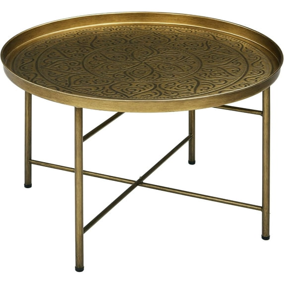 HYJY 24" Round Coffee Table with Hammered Tray Top, Vintage Metal Center Table for Living Room, Bedroom, Side Table, Gold