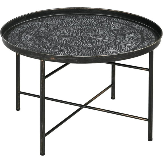 HYJY 24" Round Coffee Table with Hammered Tray Top, Vintage Metal Center Table for Living Room, Bedroom, Side Table, Pewter