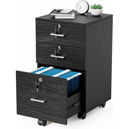 HYJY 3-Drawer File Cabinet with Lock, Wood Rolling Filing Cabinets for Home Office, Mobile Printer Stand, Under Desk File Organizer for Letter Sized Files, 26" H(Caster Included), Black