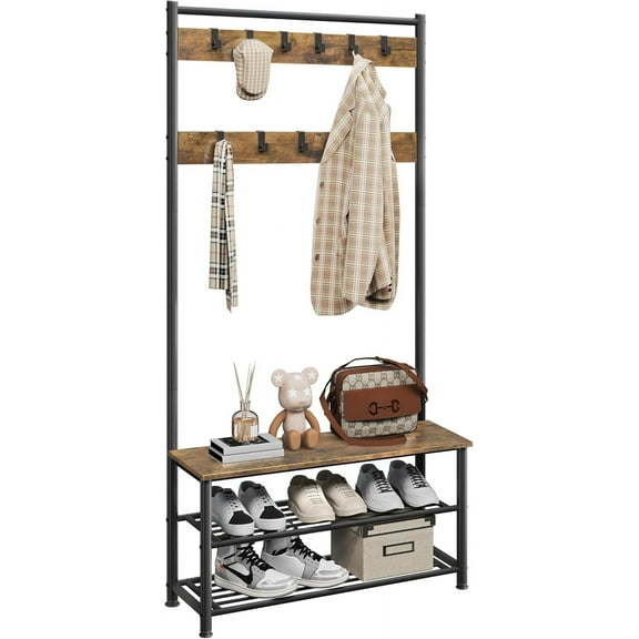 HYJY 3-in-1 Hall Tree, Coat Rack Shoe Bench with 11 Removable Hooks and Storage Metal Shelves, Industrial Entryway Storage Bench, Easy Assembly, 33.5× 13.5× 73 Inches, Rustic Brown