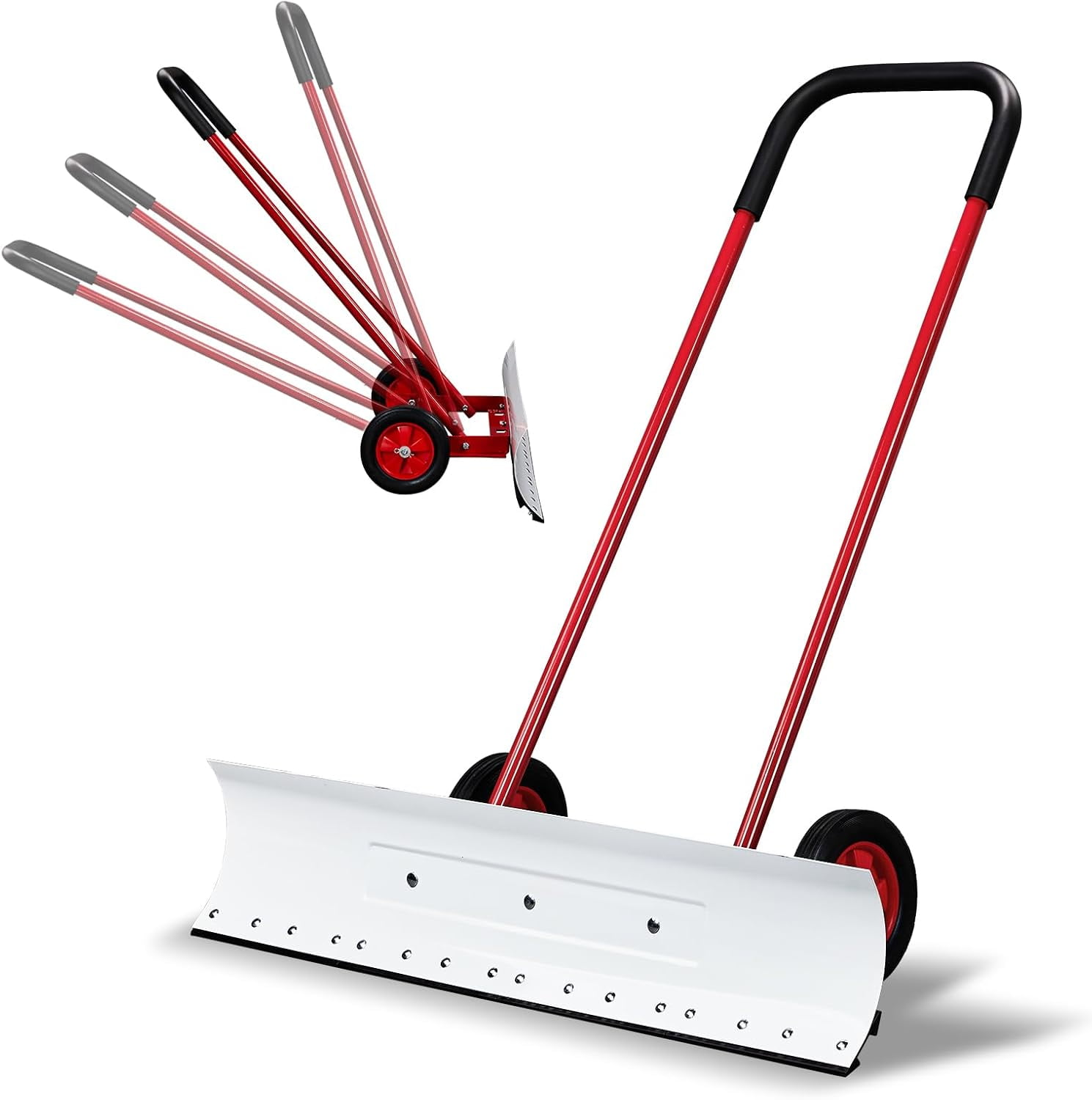 HYJY 39-inch Snow Pusher Shovel with Wheels, Bi-Directional Wheeled Push Snow Plow Removal for Driveway and Sidewalks with Angled Blade (White & Red)