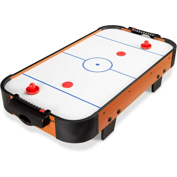 HYJY 40in Portable Tabletop Air Hockey Arcade Table for Game Room w/ 100V Motor, Electric Fan, 2 Strikers, 2 Pucks,Light Brown